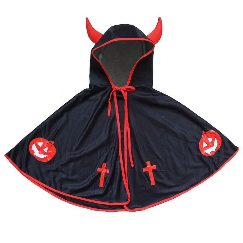 New Halloween Devil Horn Hooded Cape Cloak Pumpkin Cross Print Cosplay Outfit For Halloween Party Role‑Playing Scary Uniform