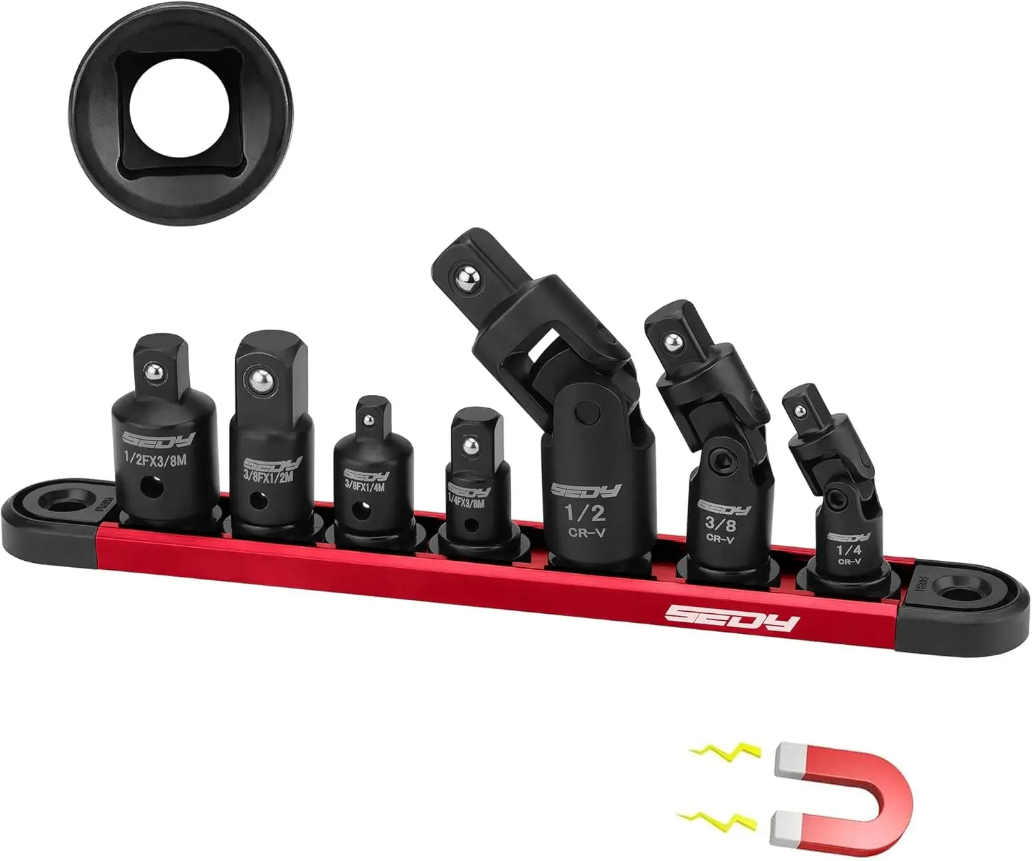 

7-Piece Impact U Joint & Adapter Set, 1/4', 3/8', 1/2' Drive, Magnetic Aluminum Storage, Cr-V Steel