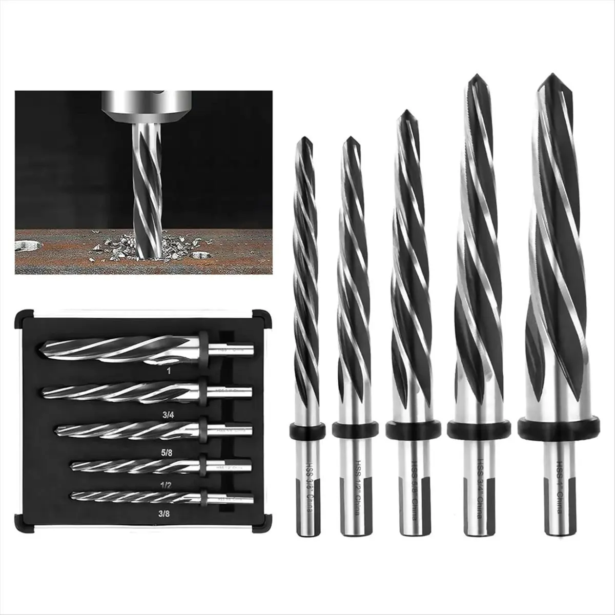 A45I HSS Bridge Construction Reamer Set,3/8in 1/2in 5/8in 3/4in 1in Taper Bridge Reamer Drill Bit for Steel Metal Wood