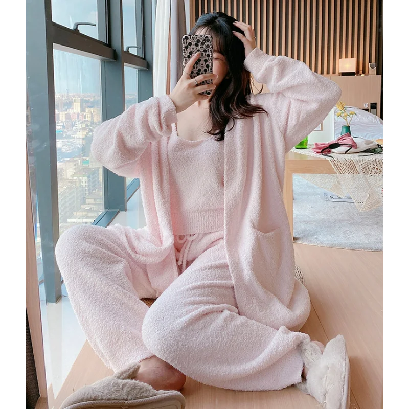 Thick Women Pajamas Set Three-piece Home Clothes Soft Warm Autumn Winter Long-sleeved Trousers Suspenders Cardigan Wool Knitting