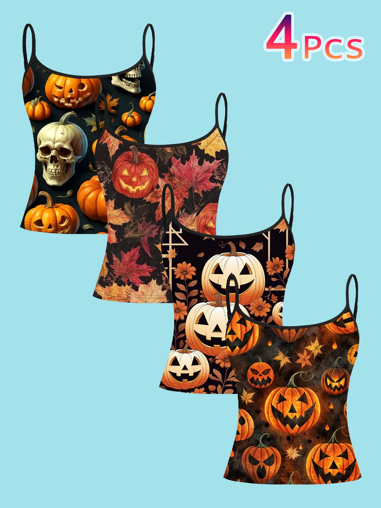 4-Piece Set of Halloween Pumpkin and Skull Women's Camisoles, Vintage Maple Leaf and Floral Print, Slim-Fit Spaghetti Strap Short Camisole Tops