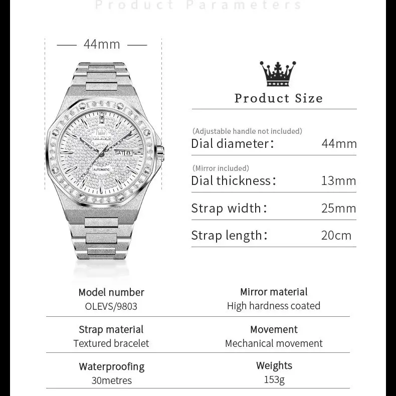 OLEVS Full Diamond Watch for Man Luxury Brand Fully Automatic Male Wristwatches Business Hand Clock Calendar Week Waterproof