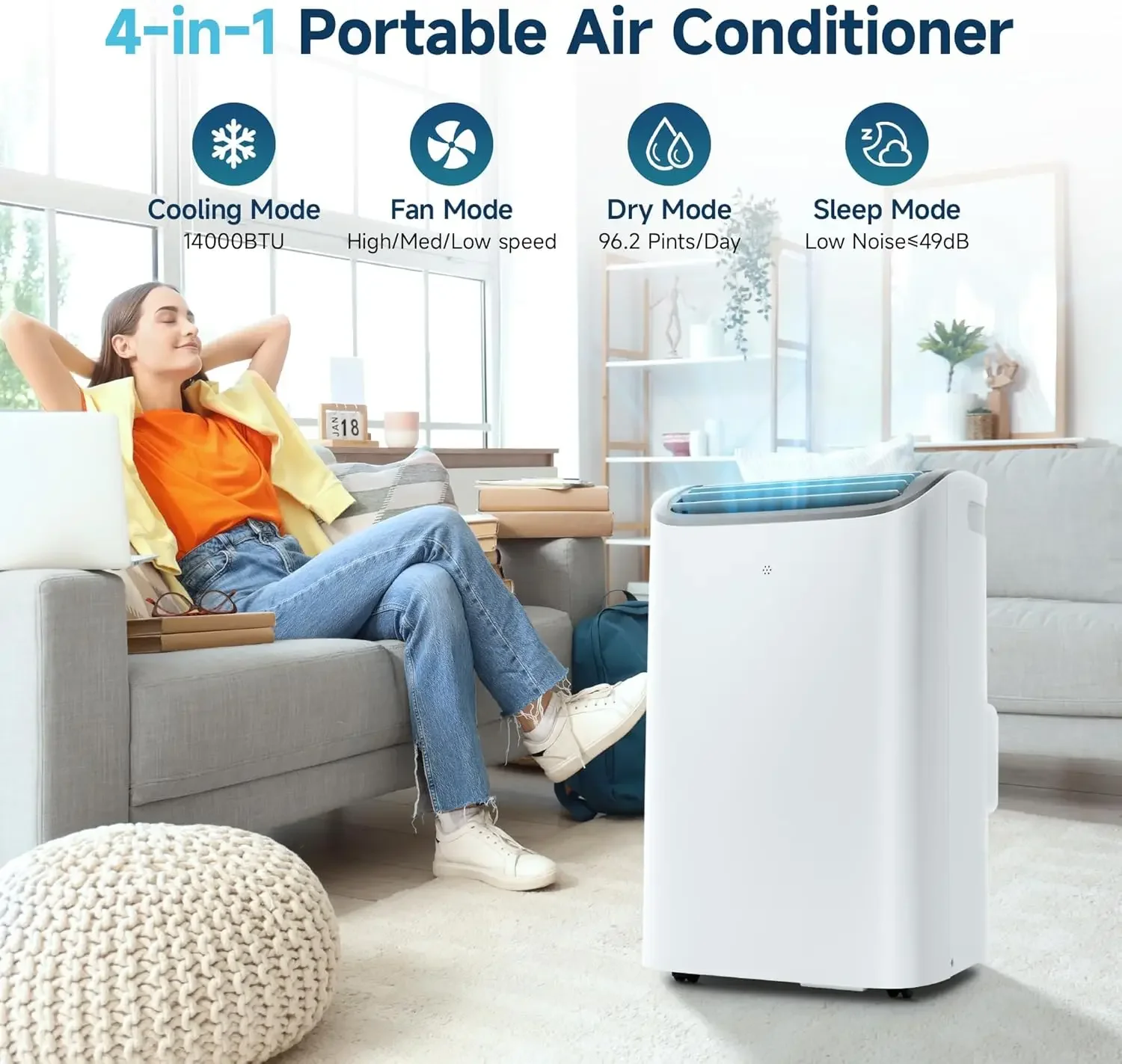 14,000 BTU Portable Air Conditioners,4 Modes Portable Ac Units Cools Up to 750 Sq.Ft,Dehumidifier,