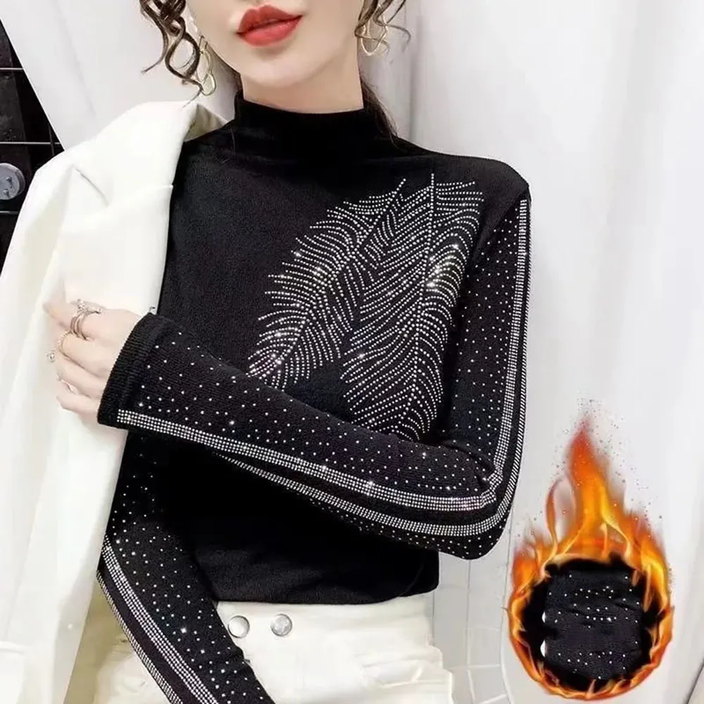 Camiseta con diamantes para mujer, Tops de cuello alto para mujer, Jersey ajustado, blusa, moda de otoño, camisetas femeninas de tendencia 2024