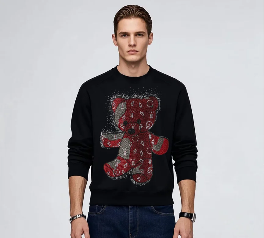  Premium Brand Designer Men Rhinestone Sweatshirt Comfortable Fleece Lined Long Sleeve Trendy Casual Outfit for Autumn Winter