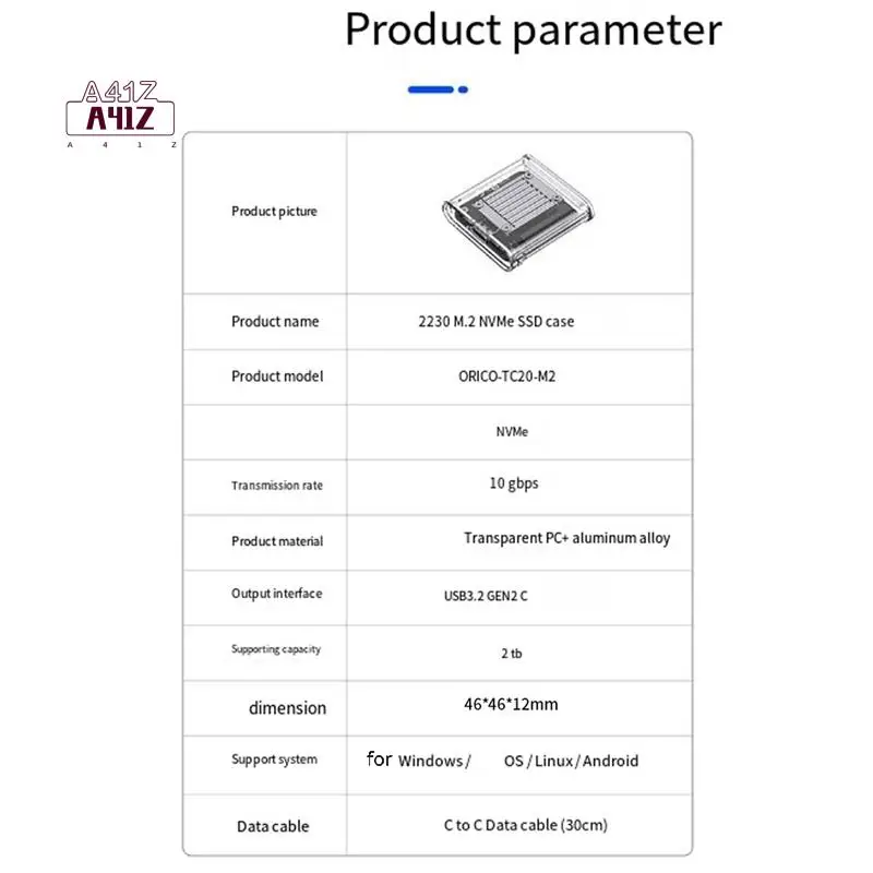 

A41Z-ORICO Nvme SSD Enclosure 10Gbps Pcie SSD Transparent External Adapter M.2 To USB Type C Mini 2230 M.2 SSD Case