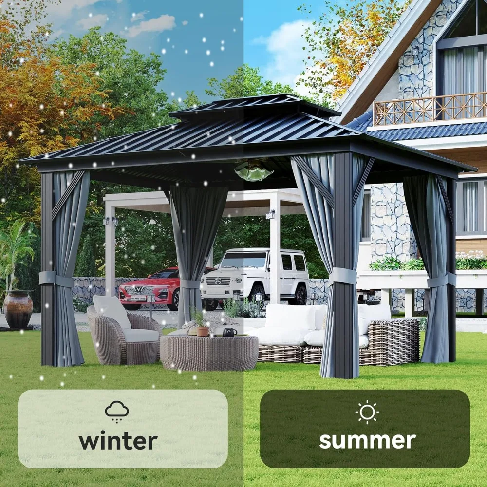 10'x12' Hardtop-Pavillon, Baldachin mit Aluminiumrahmen, doppelt verzinktes Stahldach, Metallpavillon für den Außenbereich mit Netz, Grau