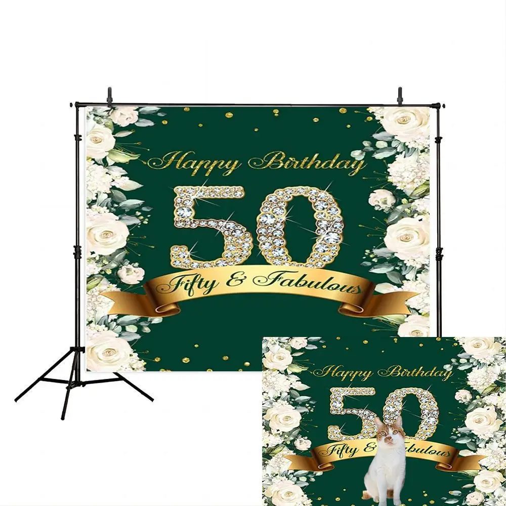 Happy 50th Birthday Backdrop Women Fifty Photography Background Floral Green Silver Shining Diamons Gold Party Banner Decoration