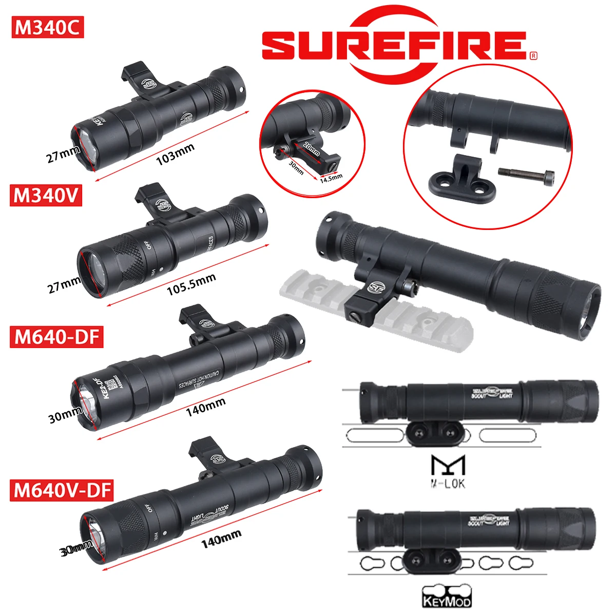 Tactical M LOK Surefire M640 M340 DF M600 SF Flashlight M340V LED Scout Light 20mm Picatinny Rail Mount Airsoft Hunting Lamp