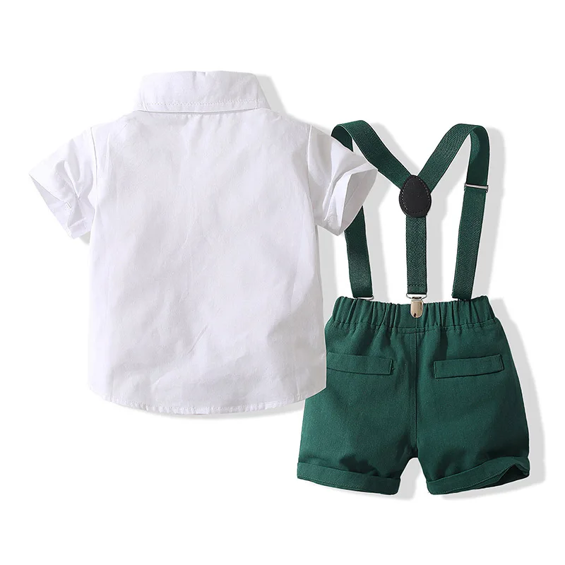 0-4Y Toddler Baby Boys 2PCS Gentleman Outfits Set Short Sleeve Button Down Shirt with Suspender Shorts Pockets Kid Clothes Set