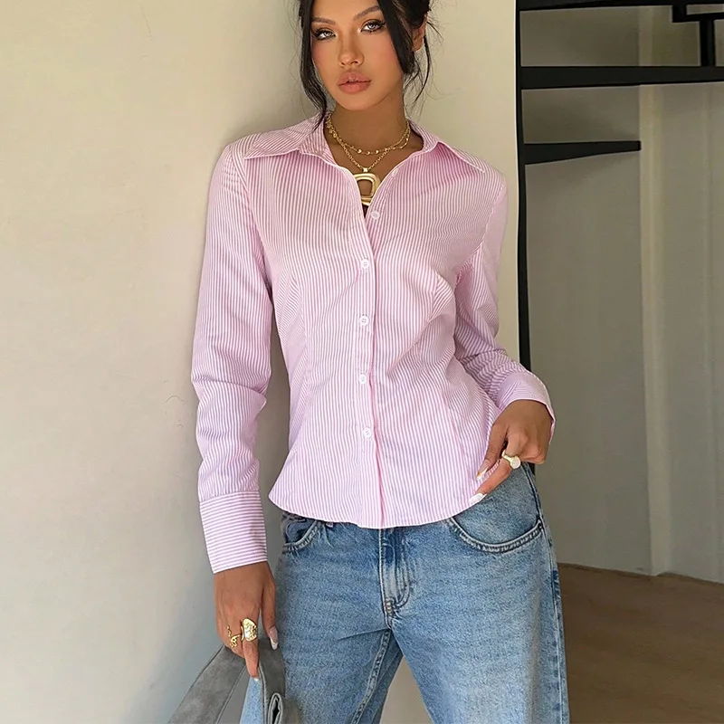 

Cross-Border Amazon Foreign Trade 2026 Autumn European And American Style Striped Waist-Cinching Long-Sleeve Shirt With Tie For