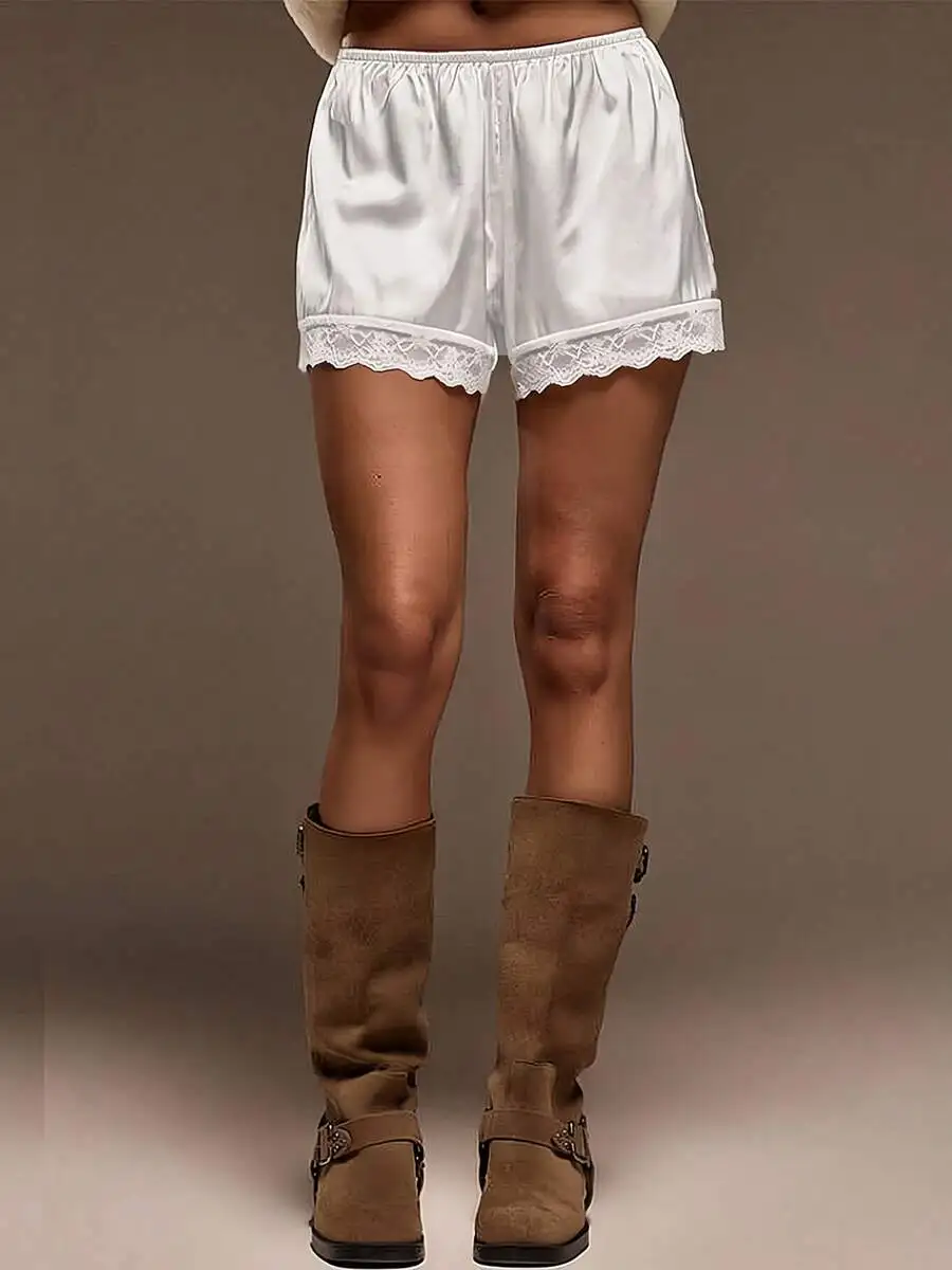 

Women Elastic Waist Lace Trim Loose Lounge Shorts Sleepwear