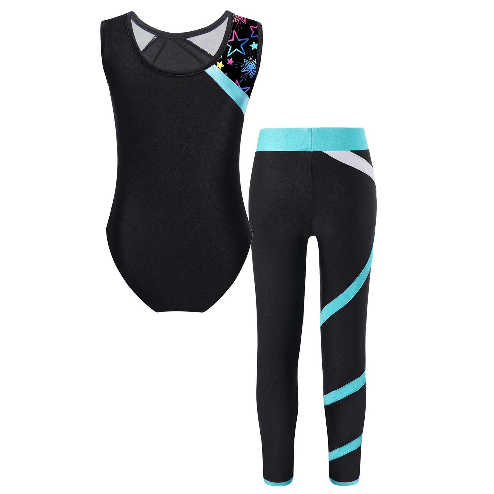 Kid Girls Sports Gymnastics Workout Leotard with Legging Pants Outfits Sleeveless Shiny Rhinestones Ballet Bodysuit Unitards Set