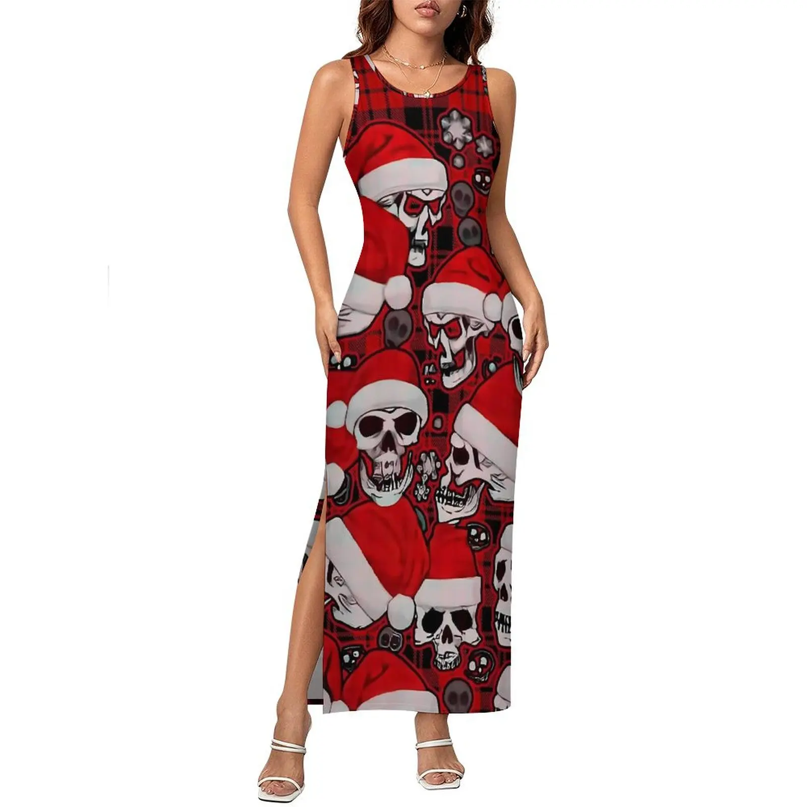 Sukienka bodycon z czaszką świąteczną, letnia, zabawna, codzienna sukienka maxi z czaszkami, damska sukienka bez rękawów z wzorem w stylu ulicznym, duży rozmiar 4XL