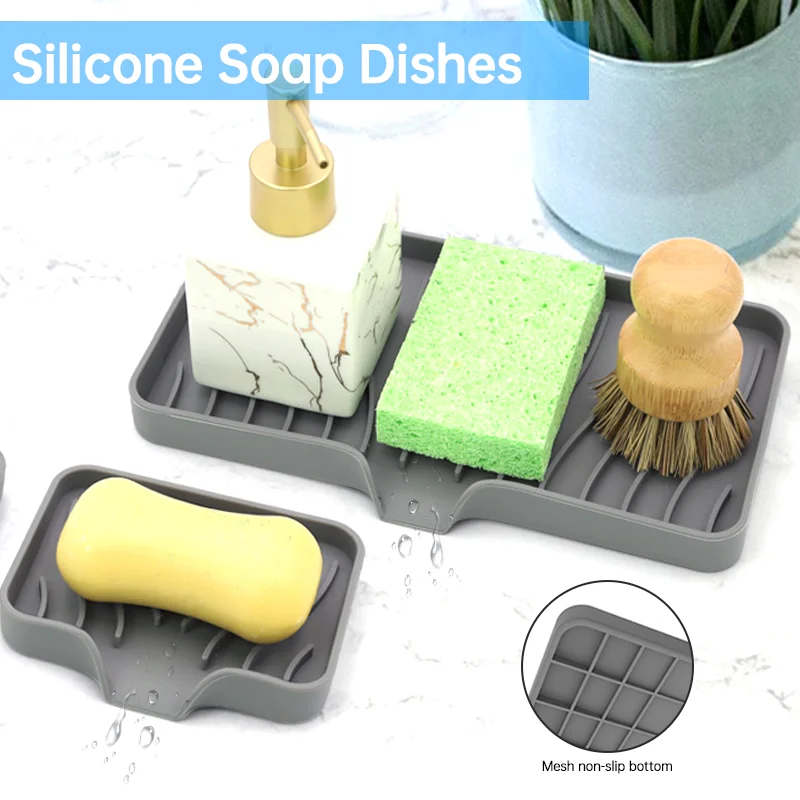 

Silicone Drain Soap Box Kitchen Countertop Sponge Rack Bathroom Self Draining Soap Holder Soap Dispenser Tilt Storage Rack