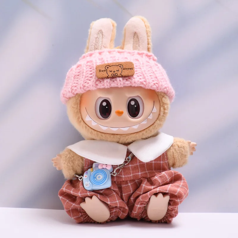 Labubu doll clothes Checkered Overalls 15/17cm Plush Doll'S Clothes Replacement Labubu I II Idol Dolls Sitting Party Accessories
