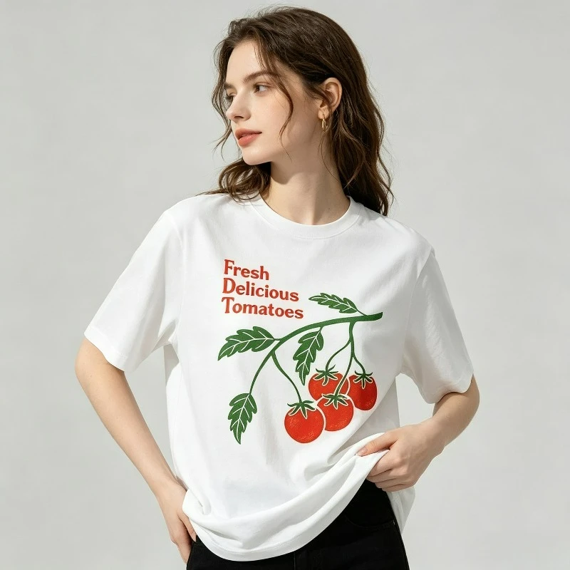 Fresh Delicious Tomatoes Print Women T-Shirt, Cute Red Tomato BranchGraphic Tee, Casual Short Sleeve Shirt for Daily Streetwear