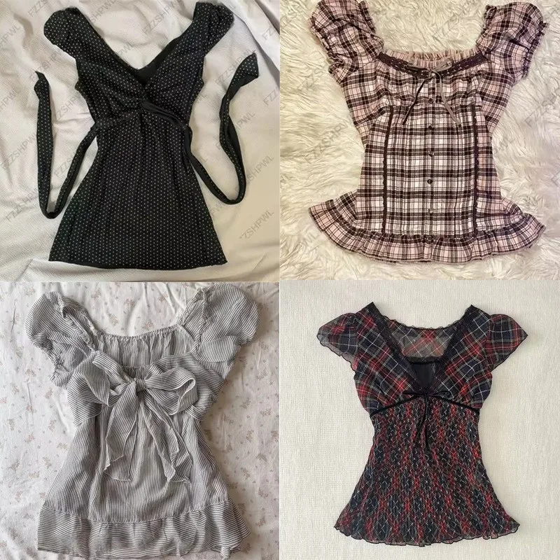 Women's Blouse Casual Slim Fit Round Neck Short Sleeve Pullover Printed Striped Blusas Para Mujer Regular Length with Bow