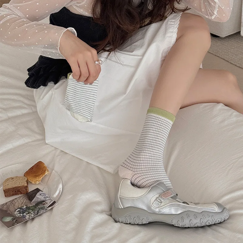 Summer Contrast Color Striped Pile Socks For Women Sweet Preppy Style Cotton Middle Tube Socks Simple Students Girls Calf Socks