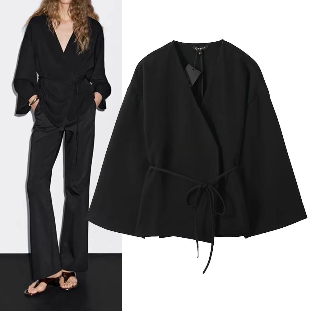 

Fashionable Black V-Neck Long Sleeve Women's Shirt Versatile Straight Cut European Style Polyester Fiber Resistant to Deforma...