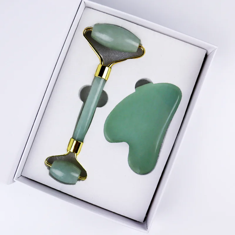 Rodillo de Jade de cuarzo rosa Natural y conjunto Gua Sha, masajeador de rodillo facial, tablero raspador en forma de corazón de Jade, herramienta de masaje para el cuidado de la piel