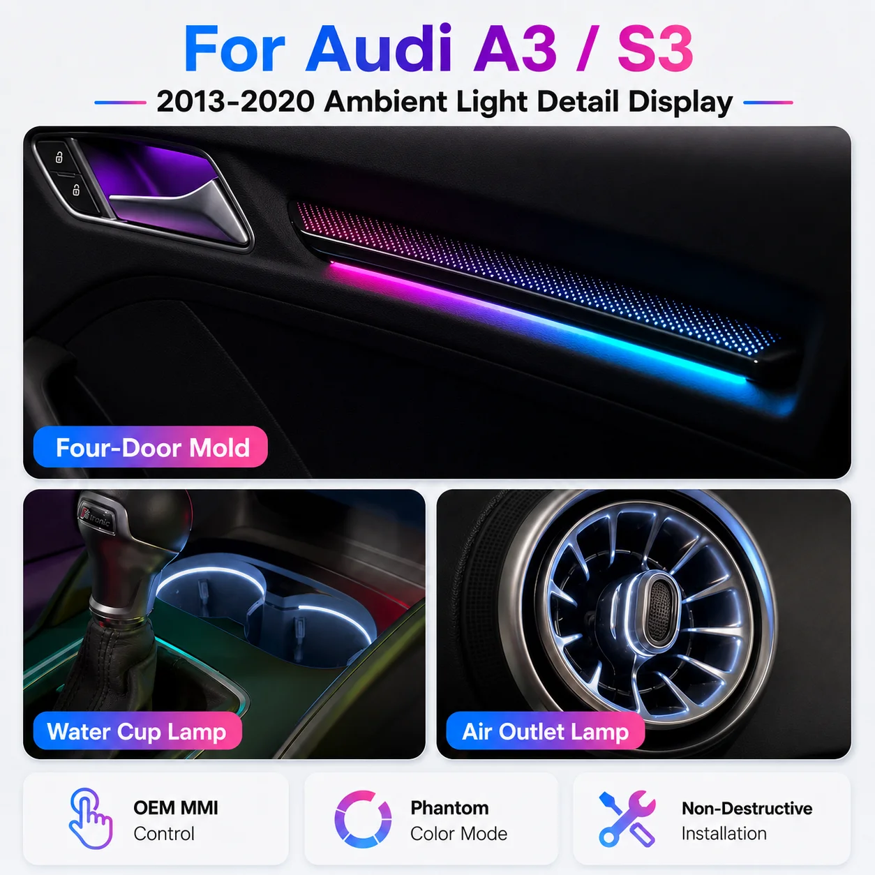 RGB Interior Ambient Light Kit For Audi A3 S3 2013-2020 LED Dashboard Door Trim Air Vent Cup Holder Footwell Atmosphere Lamp