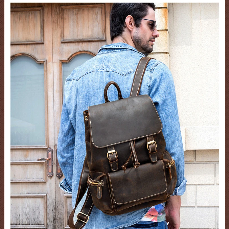 Crazy Horse Leather Backpack Men's Vintage Travel Satchel Bags College Schoolbag Large Capacity Backpack Laptop Bag High-quality