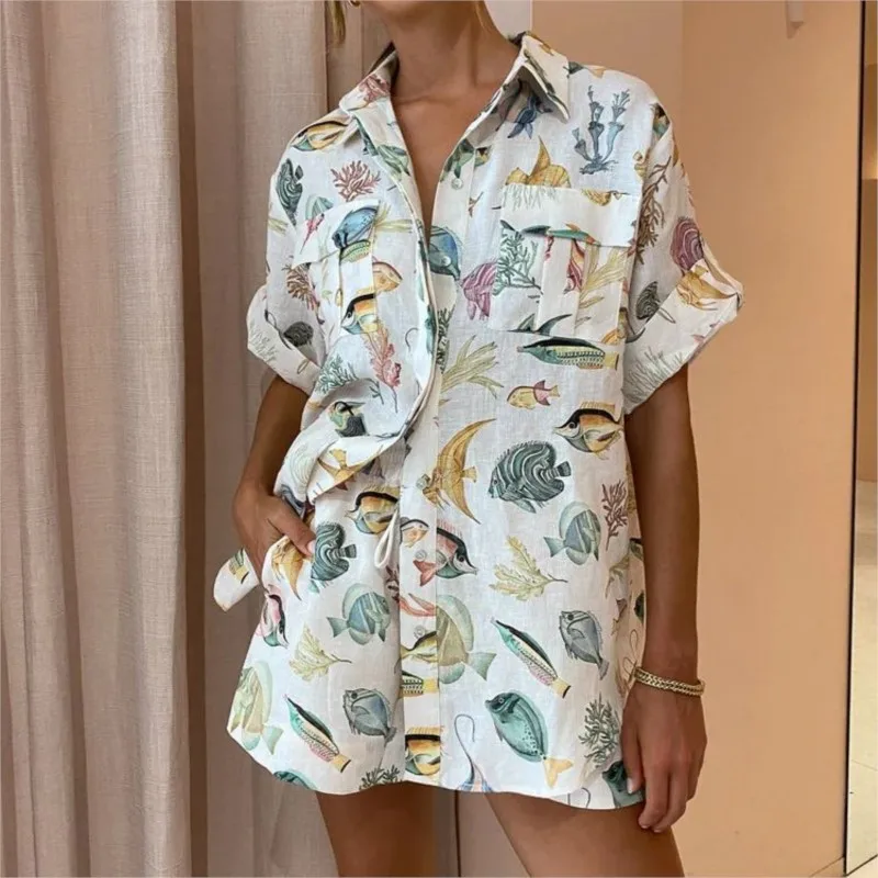 2024 Autumn new fashionable and personalized fish print short sleeved vacation style casual drawstring shorts set