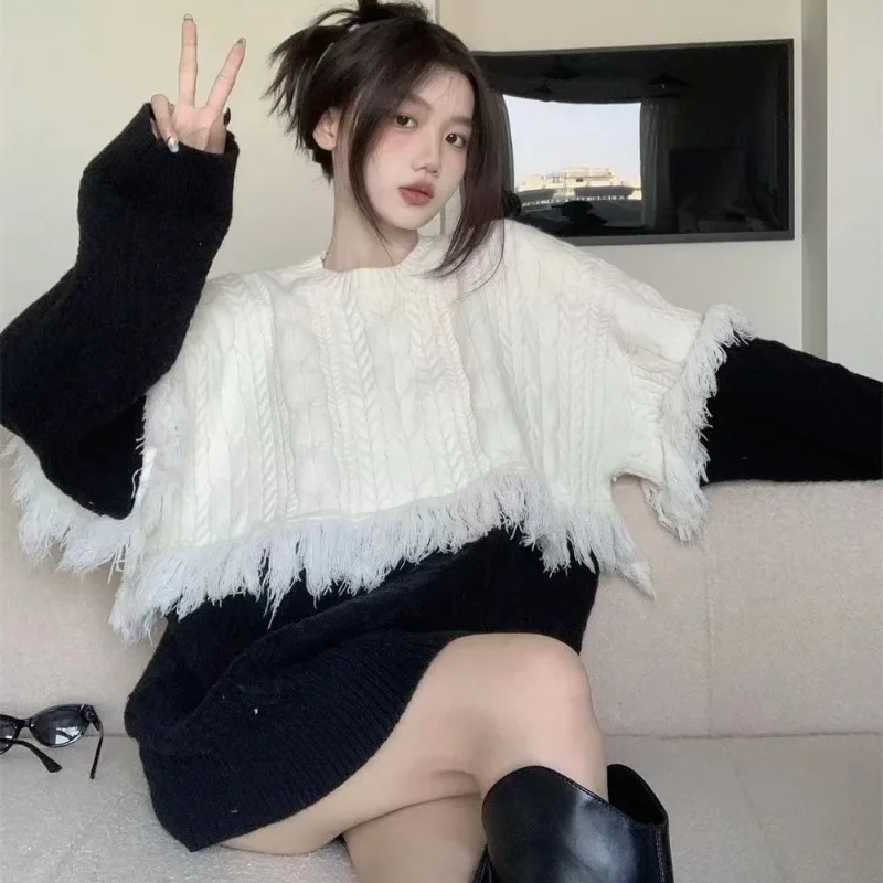 Knitted Twist Loose Pullovers Women Long Autumn Winter Slouchy Tassel New Design O-neck Panelled Ulzzang All-match Female Mujer