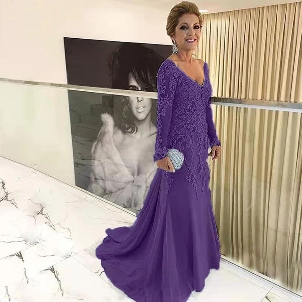 Gold Purple Mother Of The Bride Dresses Mermaid Long Sleeves Applique V Neck Wedding Formal Party Mother Evening Dresses New