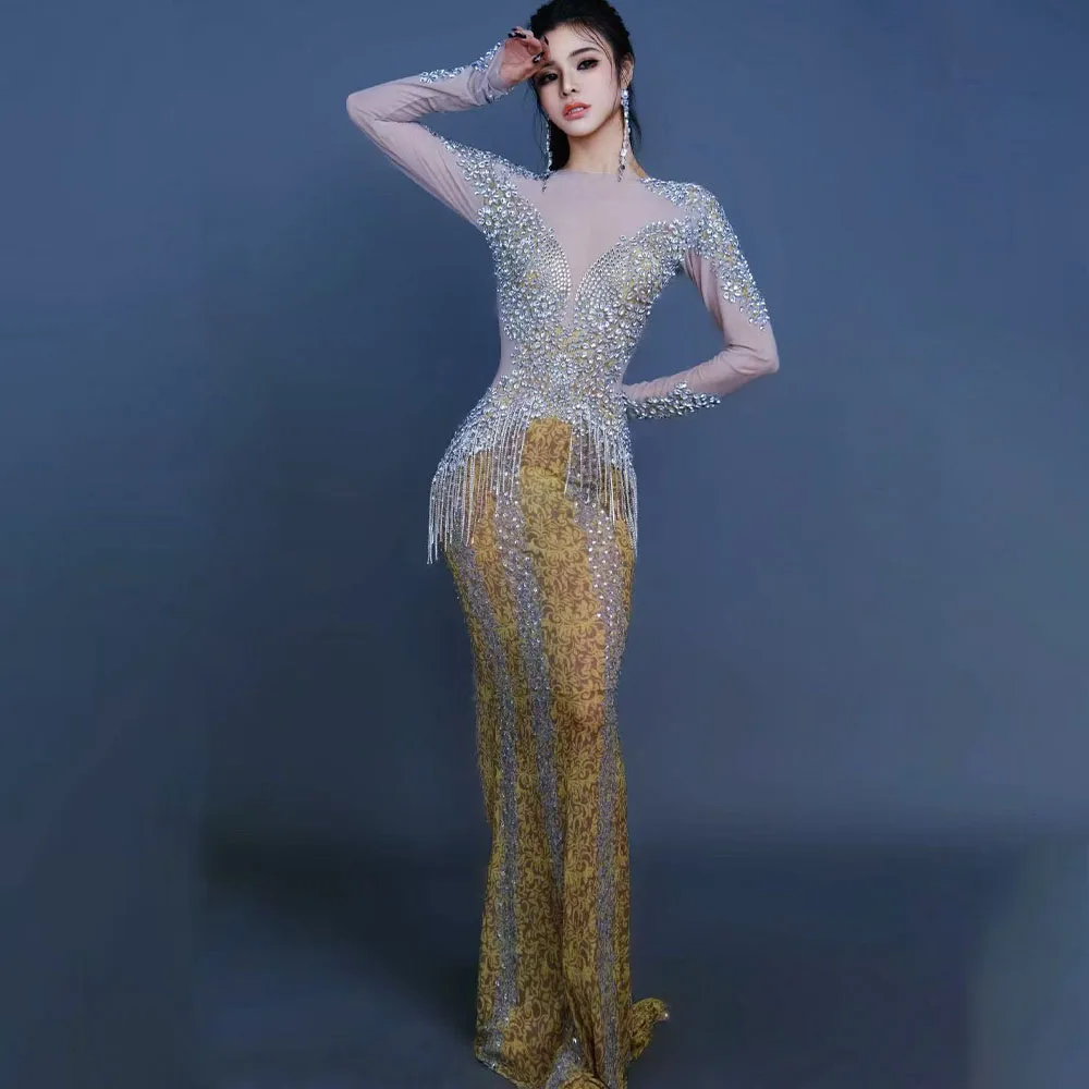 

Sparkly Rhinestones Chains Long Dress Women Sexy Mesh See Through Celebrate Evening Birthday Dress Photo Shoot Stage Wear