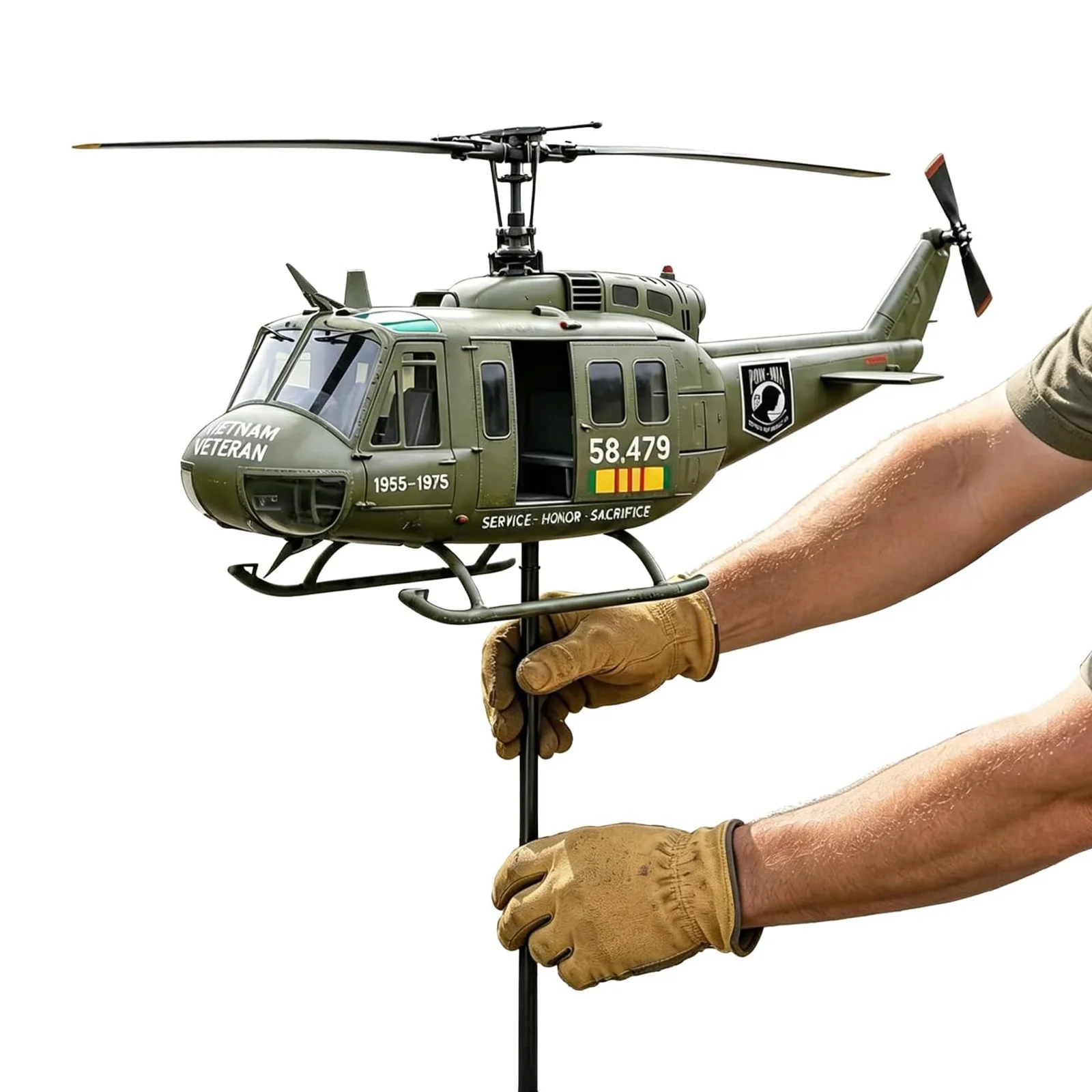 2D Flat Decorative Cast Iron Garden Stake Vietnam Veteran UH-1 Helicopter Yard Decor Stakes Garden Pinwheels Wind Spinners