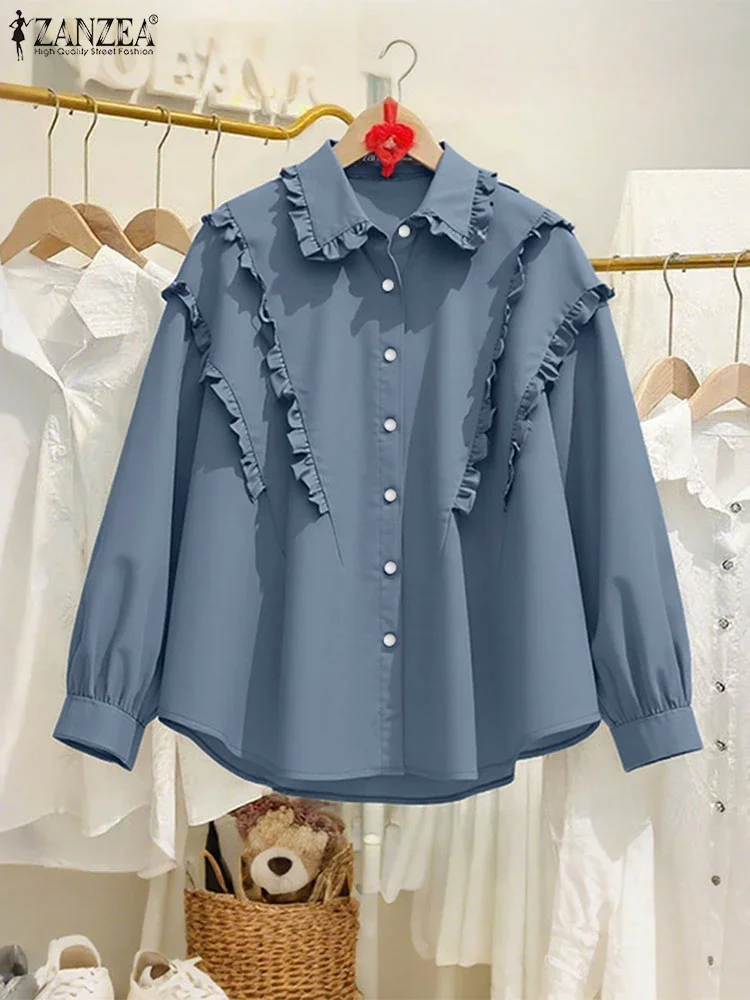 잔제아 여성 패션 셔츠 2025 가을 긴팔 러플 블라우스 우아한 오피스룩 여성 튜닉 탑 솔리드 컬러 블루사 여성복