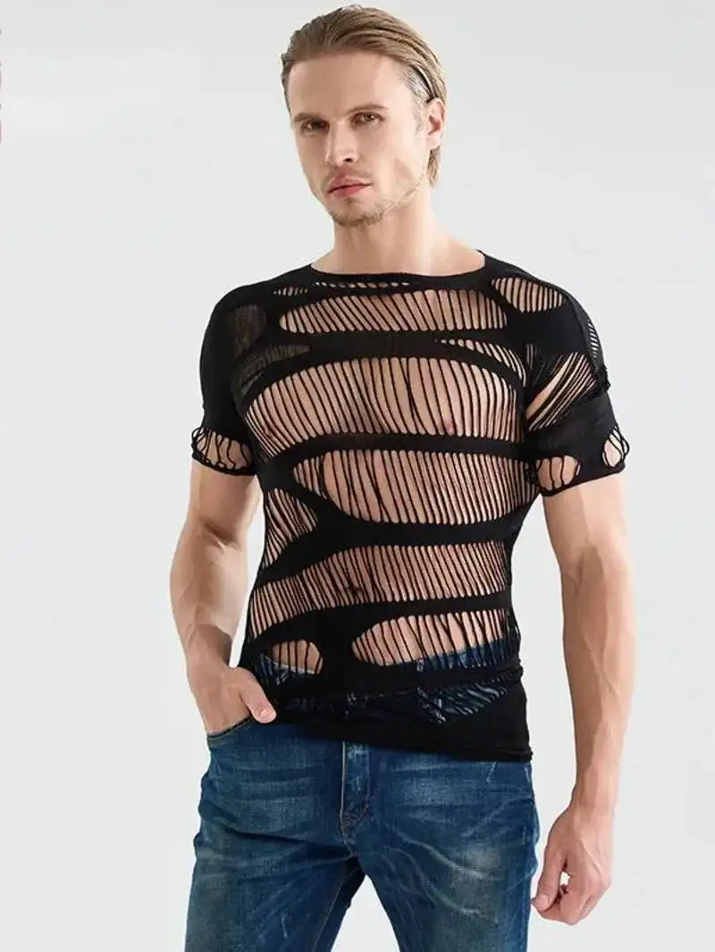 

Lace Sheer Breathable Tees Exotic SM Sexy Mesh Hollow Out Bodycon Long Sleeve Men Fashion 2025 New Tees ARE8