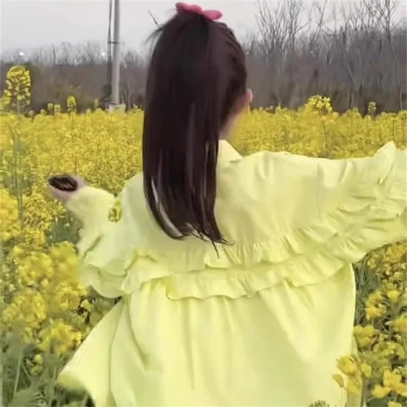 

2025 Spring New Women's Sweet Top French Age-reducing Ladies Style Joker Female Lotus Leaf polo Collar Lantern Sleeve Shirt