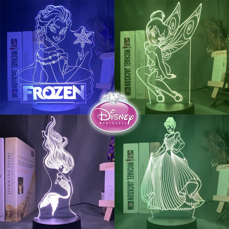 Disney Princess Elsa Ariel 3D Acrylic Led Lamp for Home Children\'s Night Light Table Lamp Cute Birthday Party Decor Bedside Lamp