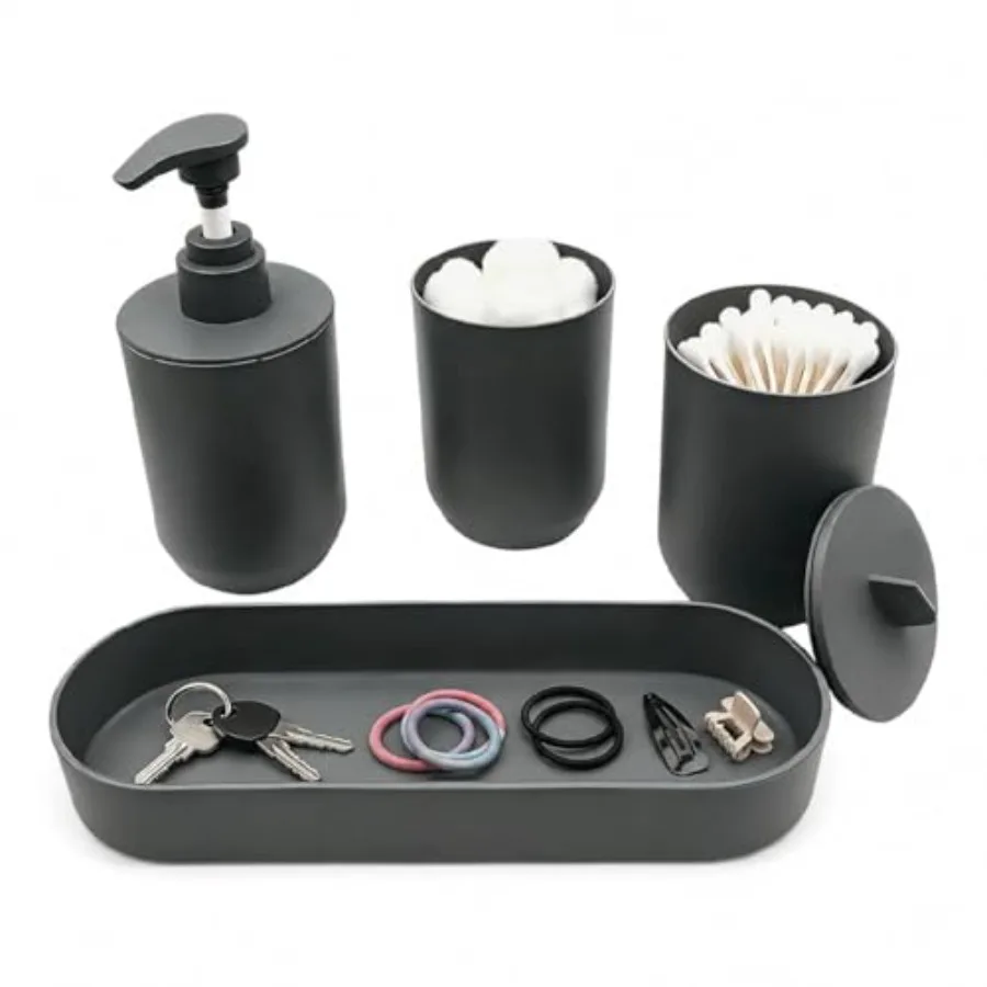 

4-Piece Plastic Bathroom Accessory Set, Lotion Soap Dispenser, Tumbler, Cotton Swab Cup and Vanity Tray 7.87" × 2.56" Modern Ho