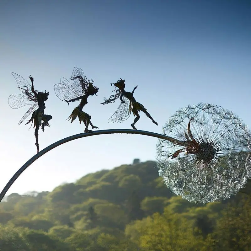 Outdoor Fairies Dandelions Dance Together Statue Elf Figurine Metal Ornament Silhouette Statue for Yard Lawn Patio Garden Decor
