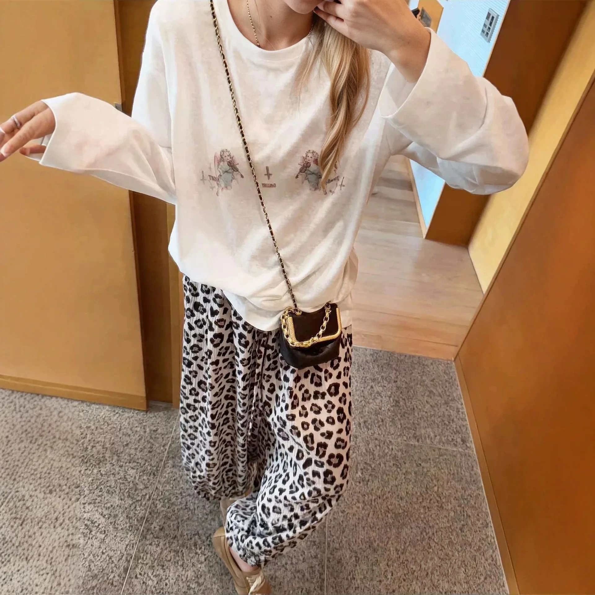 Fashion Vintage Cropped Pants Leopard Print High Waist Casual Loose Wide Leg Pants Summer All Match Women's Clothing