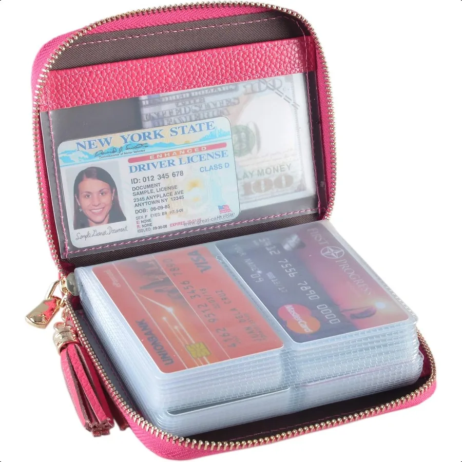 

Womens Credit Card Holder Wallet Zip Leather Card Case RFID Blocking Rose