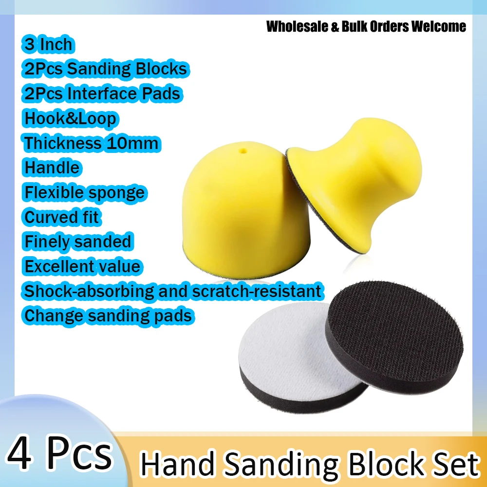 4Pc 3Inch Hand Sanding Block Backing Elastic PU Foam Sand Disc Holder with Soft Buffer Pad for Woodworking Manual Polishing Tool