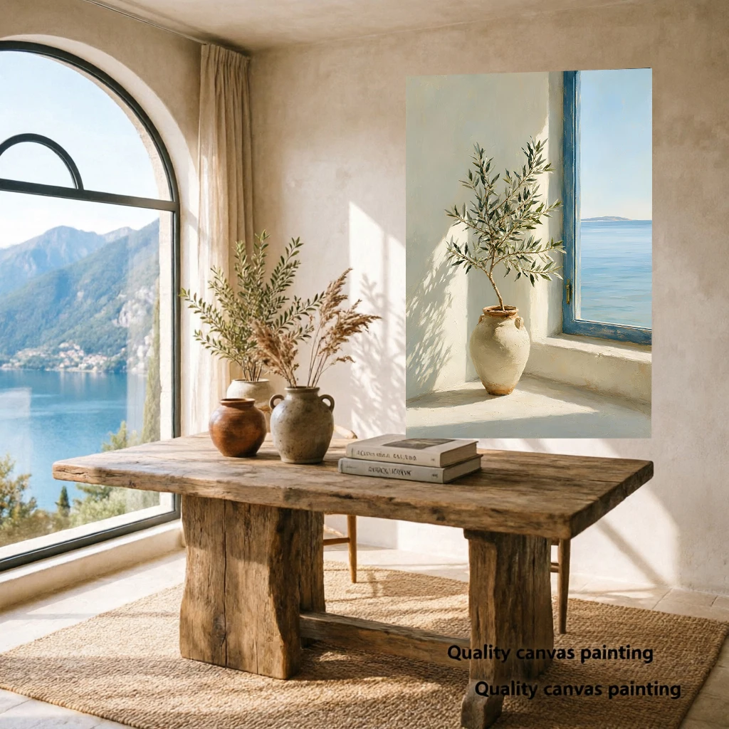 Mediterranean Olive Tree Wall Art Print with Sea View | Coastal Botanical Poster, Modern Home Living Room Decor, No Frame