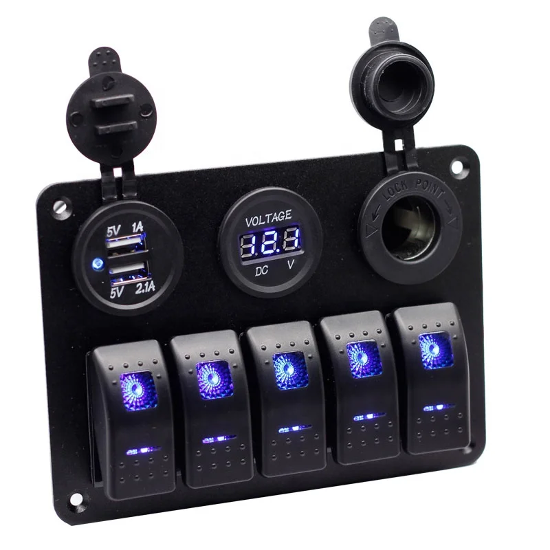 

5 Gang Rocker Switch Panel ON Off LED Light Switch with 3.1A USB Digital Voltmeter Cigarette Lighter Socket