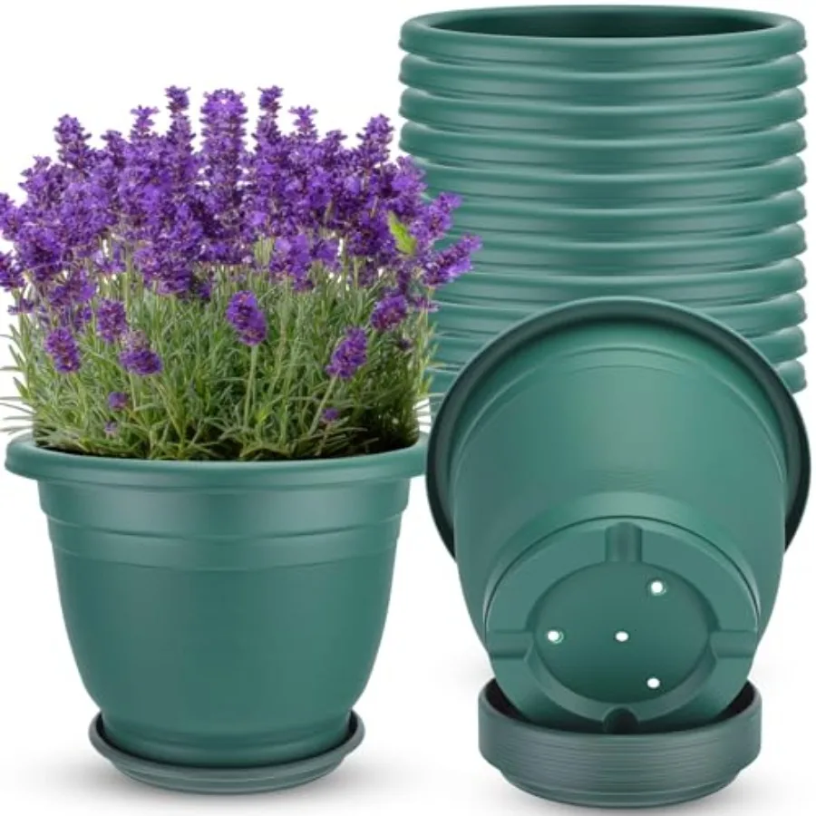 

12 Pcs 12'' Green Plastic Plant Pots for Indoor Outdoor Garden Use, Round Resin Planter with Drainage Holes and Saucer Tray, Se