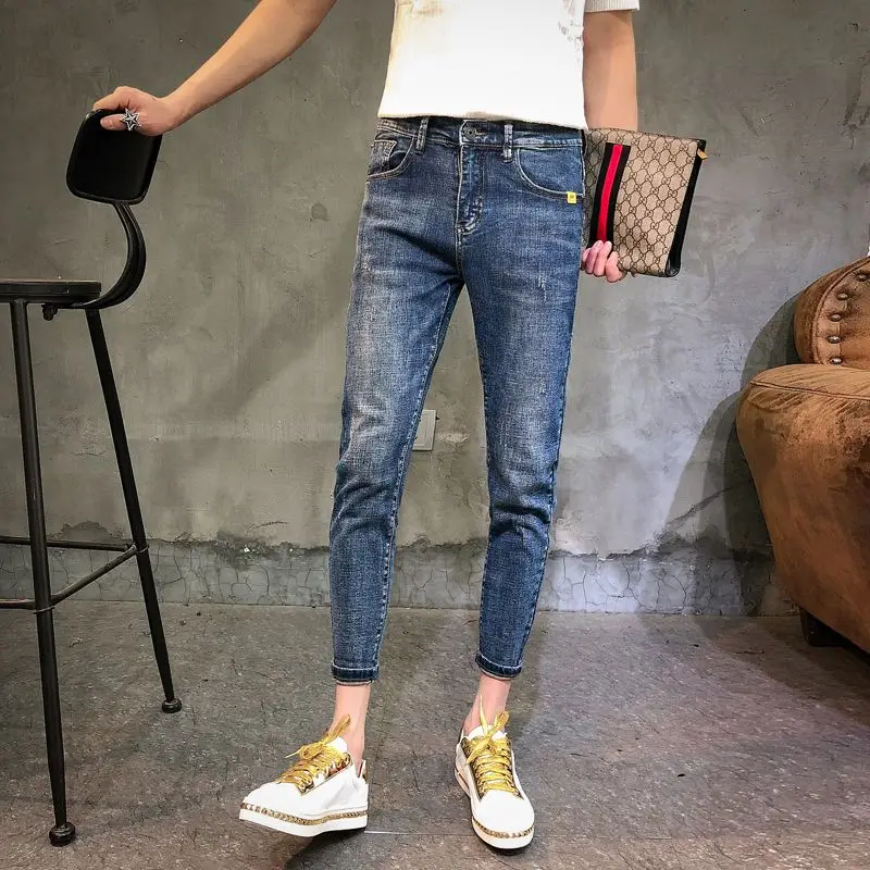 Skinny Jeans 2025 Men's Summer Korean Slim-fitting Pants Casual Blue Elastic Trend Versatile Streetwear Skinny Pants Man