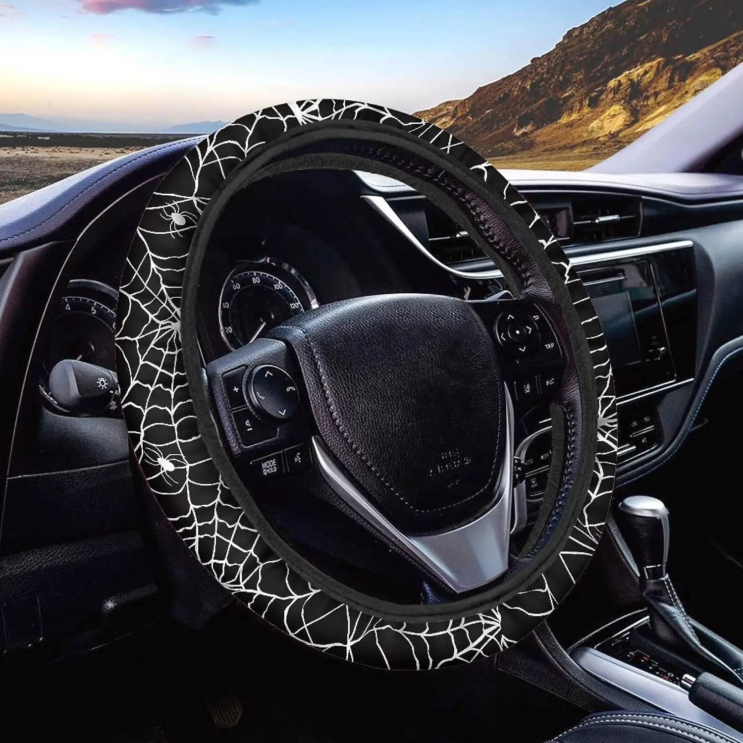 

Black Cobweb Car Steering Wheel Cover Universal 15 Inches Halloween Spider Web Steering Wheel Accessories for Women Men