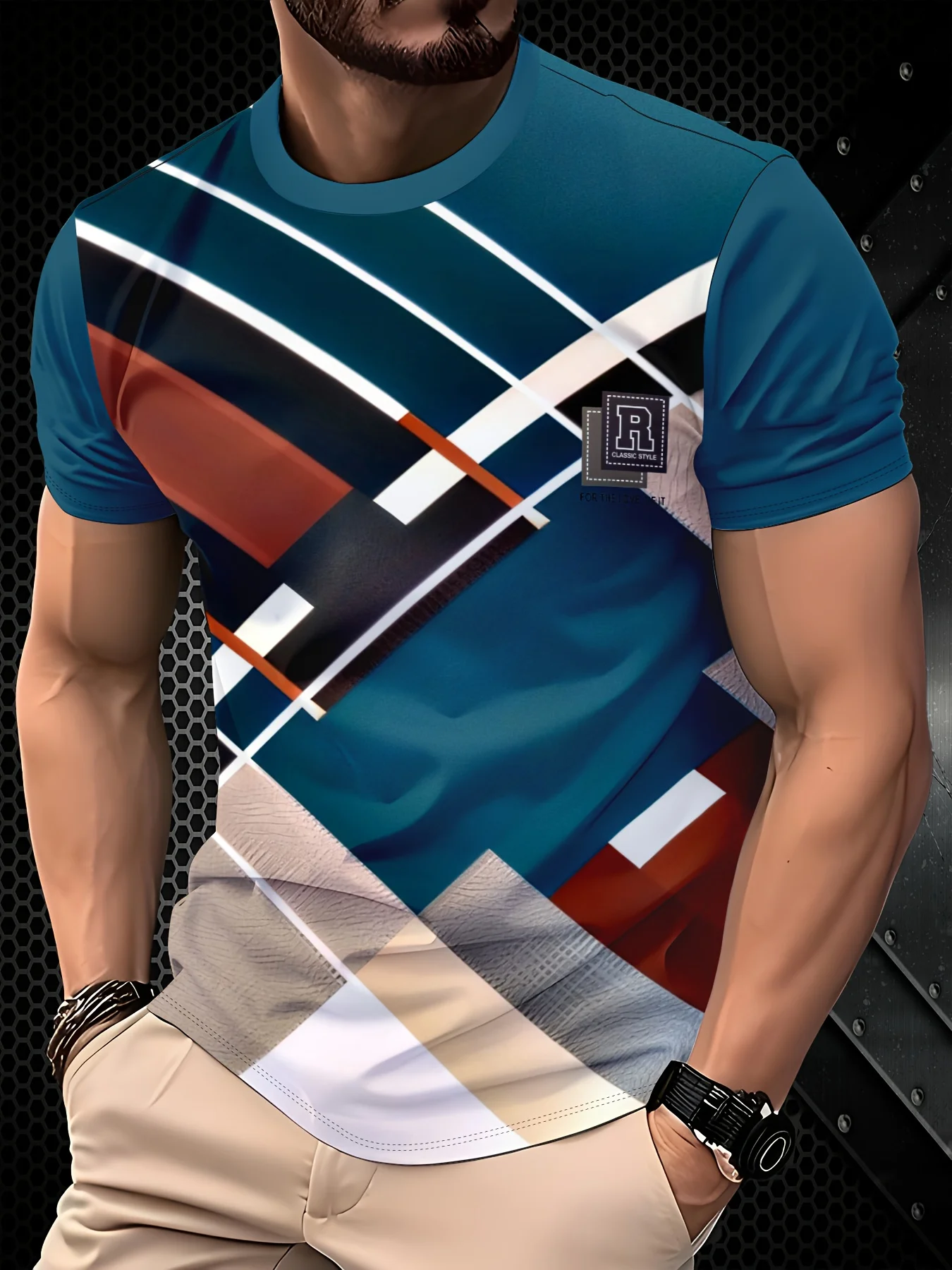New men's short-sleeve T-shirt, loose-fitting and tailored with printed designs, versatile basic crew-neck top suitable for spri