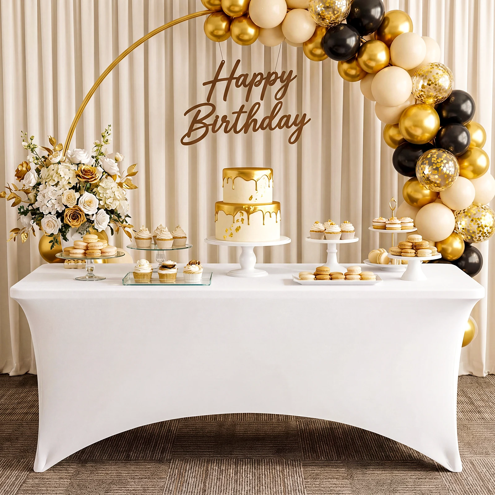 Whonline 3/6-teilige Stretch-Tischdecke aus Spandex, 4, 6, 8 Fuß, rechteckige Tischabdeckung, schwarz, weiß, knitterfrei, passgenaue Tischdecke für Esszimmer, Party, Hochzeit, Event-Dekoration,
