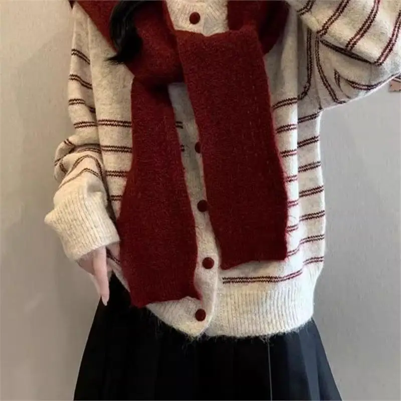 Fashionable Stripe Long Sleeve Knitted Open Cardigan Wrap Versatile Color Block Loose Fit Early Autumn New Style Women's Top