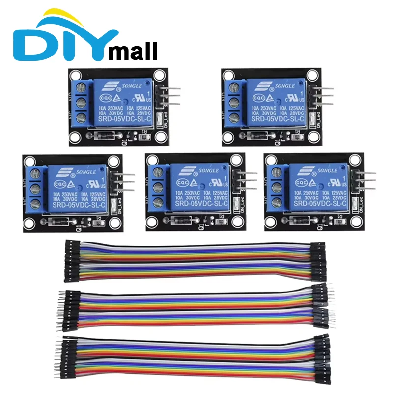 5PCS 1 Channel Relay Module 5V Shield Board SRD 05VDC SL C 20cm 20Pin Dupont Cable Parts Set for Arduino AVR ARM PIC